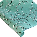 Silkscreened Nepalese Lokta Paper - Peach Blossom - WHITE ON ROBIN EGG BLUE