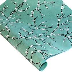 Silkscreened Nepalese Lokta Paper - Peach Blossom - WHITE ON ROBIN EGG BLUE